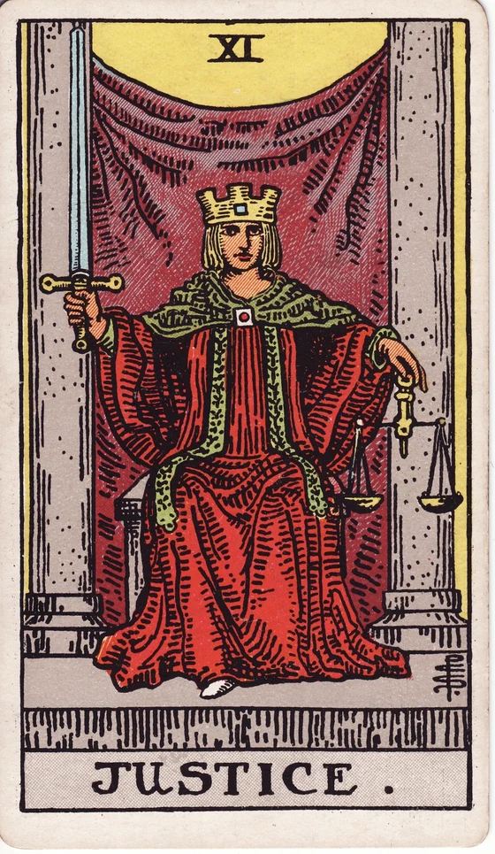 Justice tarot card from the Rider–Waite–Smith deck: a crowned figure in red seated between two pillars, holding upright a sword and a set of scales.