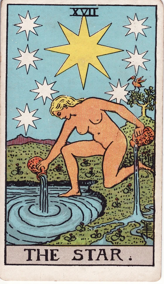 The Star tarot card from the Rider–Waite–Smith deck: a naked woman kneeling by a pool pouring water from two jugs, one large star and seven smaller stars above, a bird on a tree.